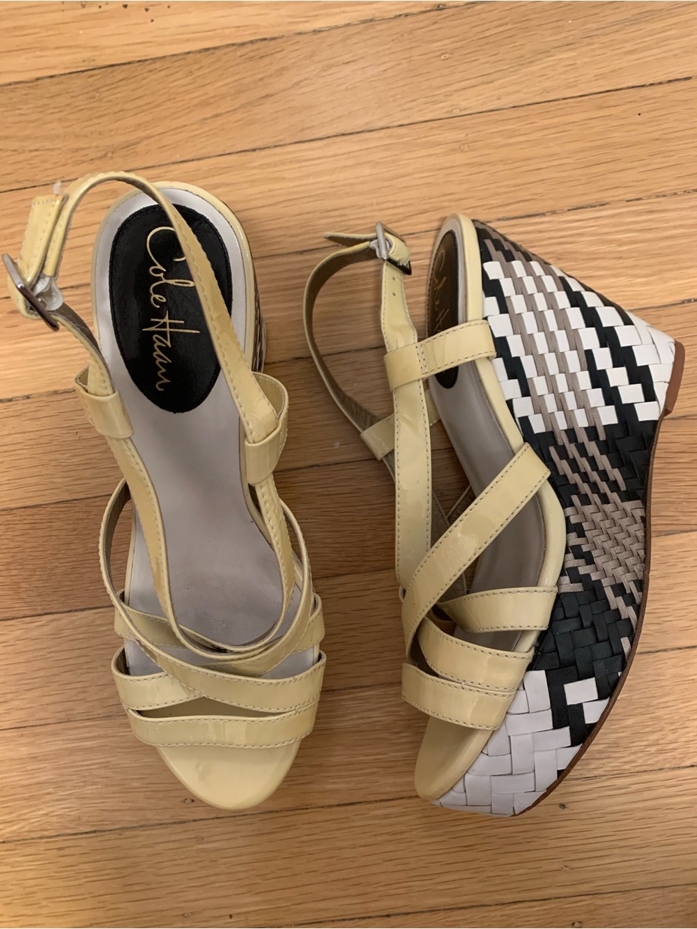 EUC Cole Haan Multi Black/White Woven Hi Wedge Platform Yellow Sandals Size 8.5M - Picture 6 of 14